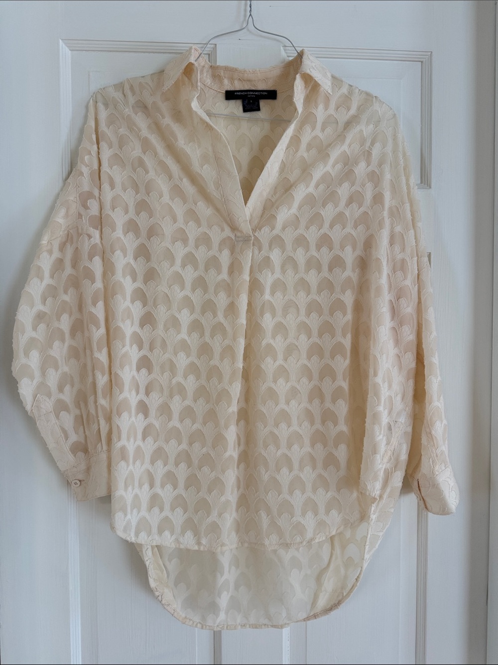 French Connection White Sheer Scallop-Pattern Button-Up Blouse - Picture 4 of 6